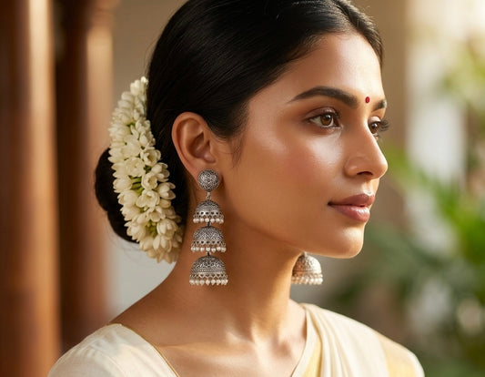 Anupama Premium Silver Three-Layered Jhumka