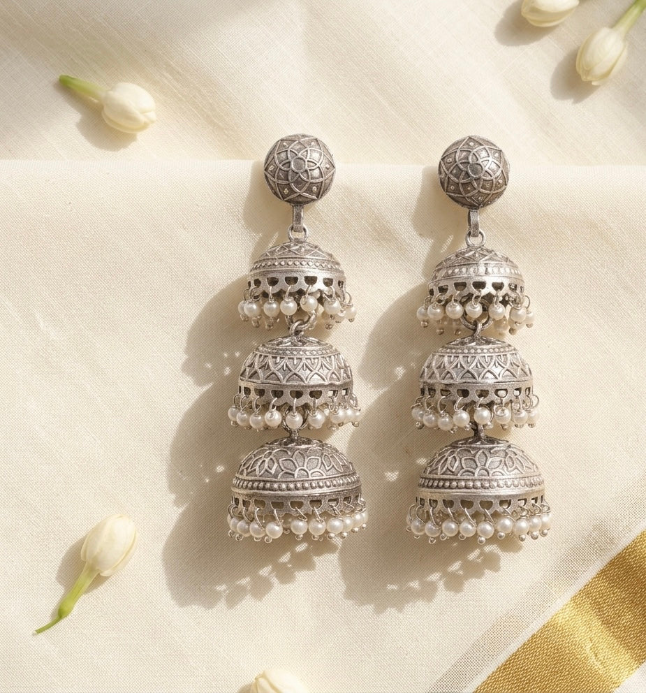 Anupama Premium Silver Three-Layered Jhumka
