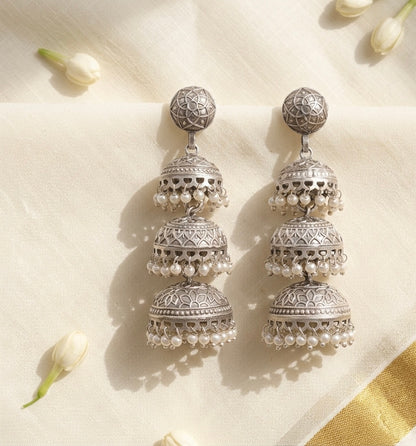 Anupama Premium Silver Three-Layered Jhumka