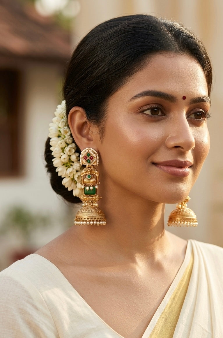 Girija Premium Gold Jhumka - Green