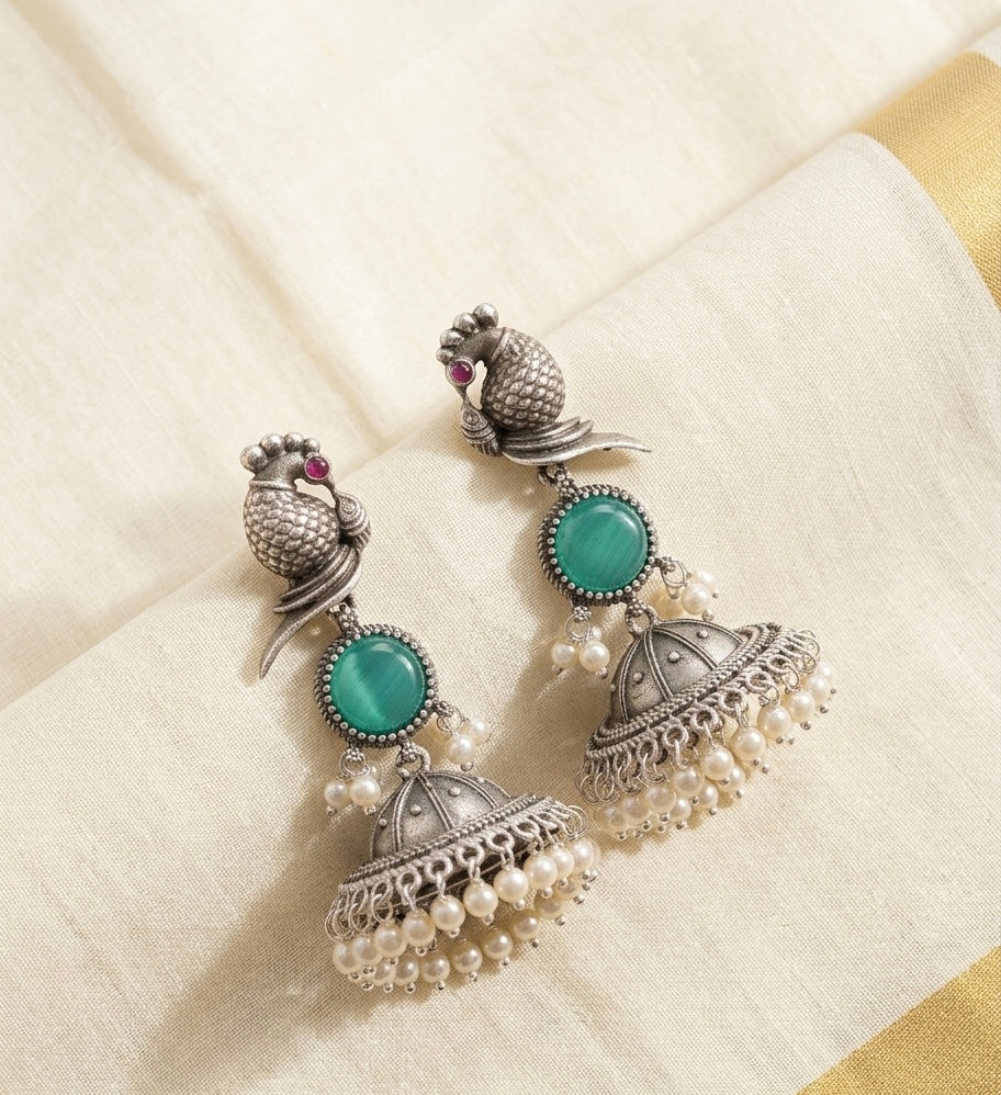 Kokila Premium Teal Silver Earrings