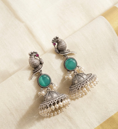 Kokila Premium Teal Silver Earrings