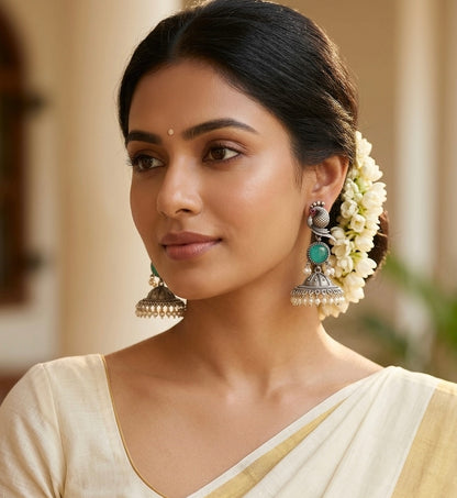 Kokila Premium Teal Silver Earrings